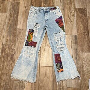 Almost Famous Boho Vintage Patchwork Distressed Wide Jeans